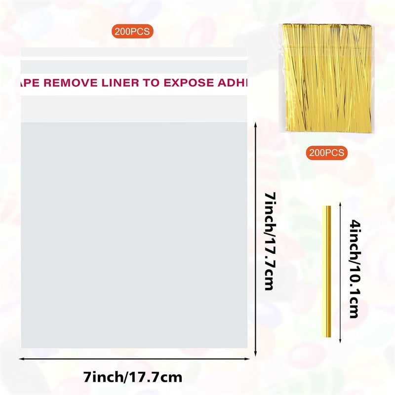 Lemicin 200Pcs Cookie Bags 7x7 Inches Self Sealing Cellophane Bags Self Adhesive Resealable Clear Large Cookie Bags with Twist Ties for Gift Giving Party Favors Bag - Image 2